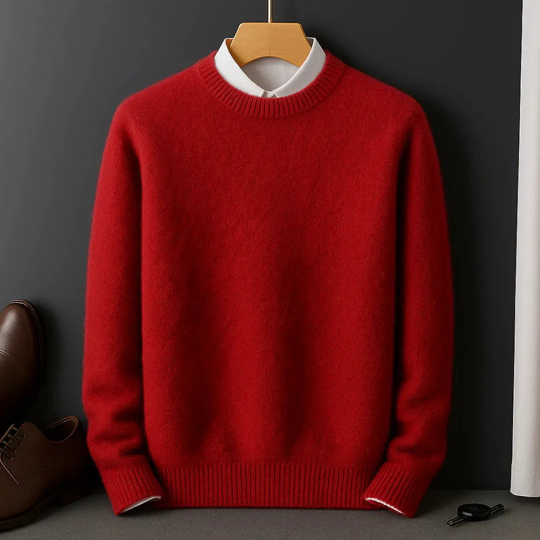 Men's cream premium cotton crew neck sweater with refined tailoring and ultra-soft lightweight warmth