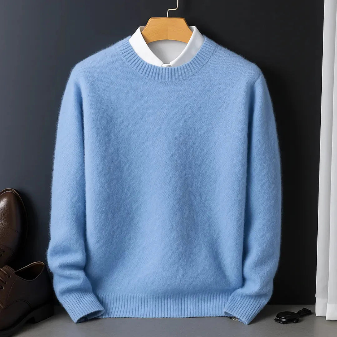 Men's cream premium cotton crew neck sweater with refined tailoring and ultra-soft lightweight warmth