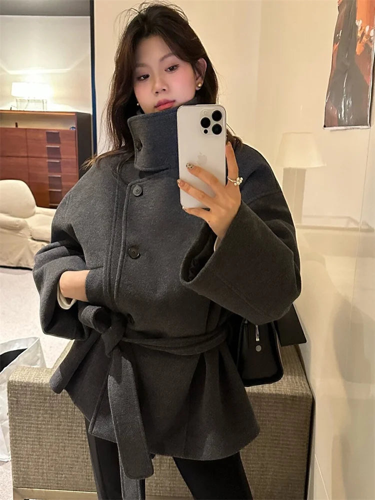 Women's winter coat camel textured high collar modern silhouette polished everyday outerwear