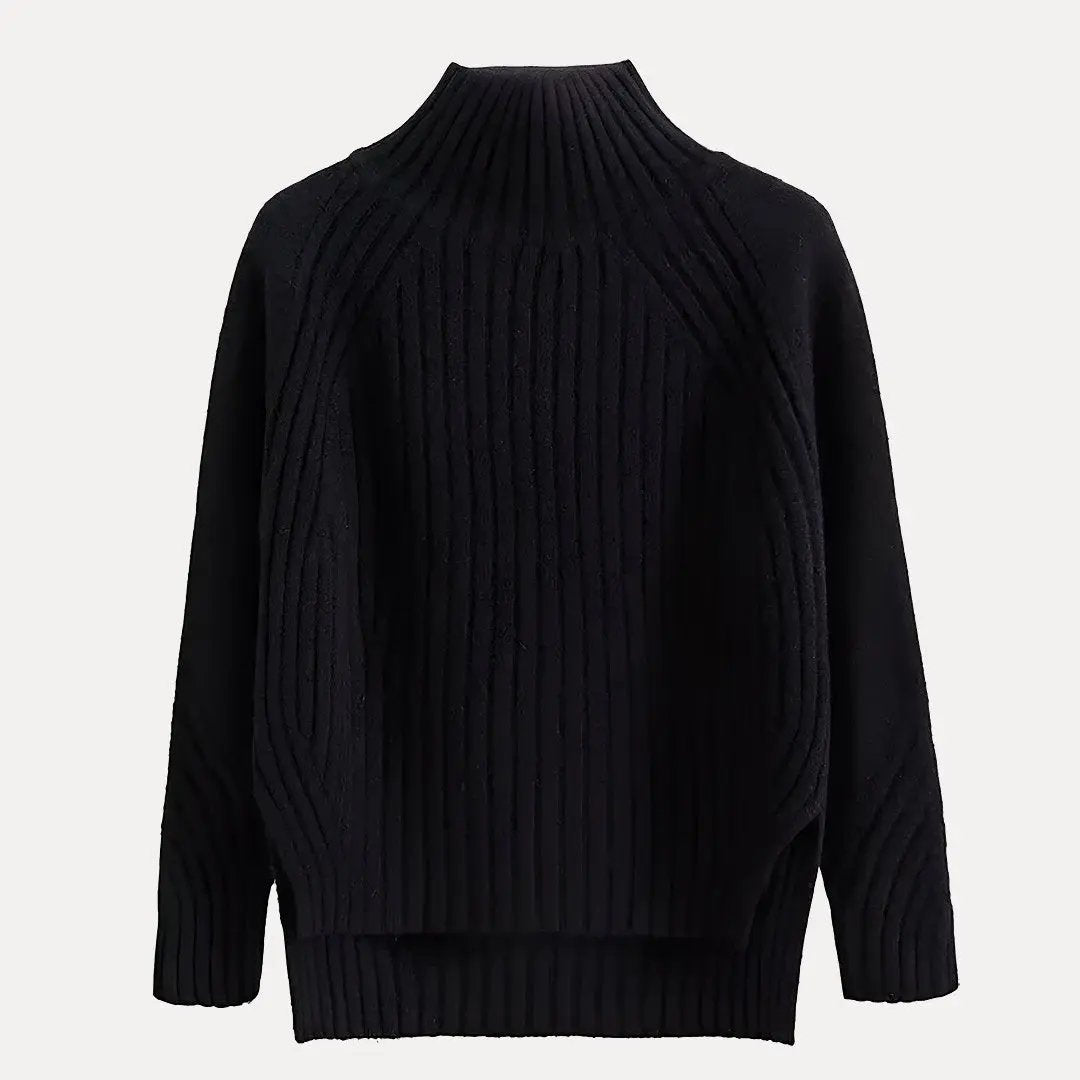 Women's beige ribbed turtleneck sweater with side slit hem, cozy soft knit casual layering essential