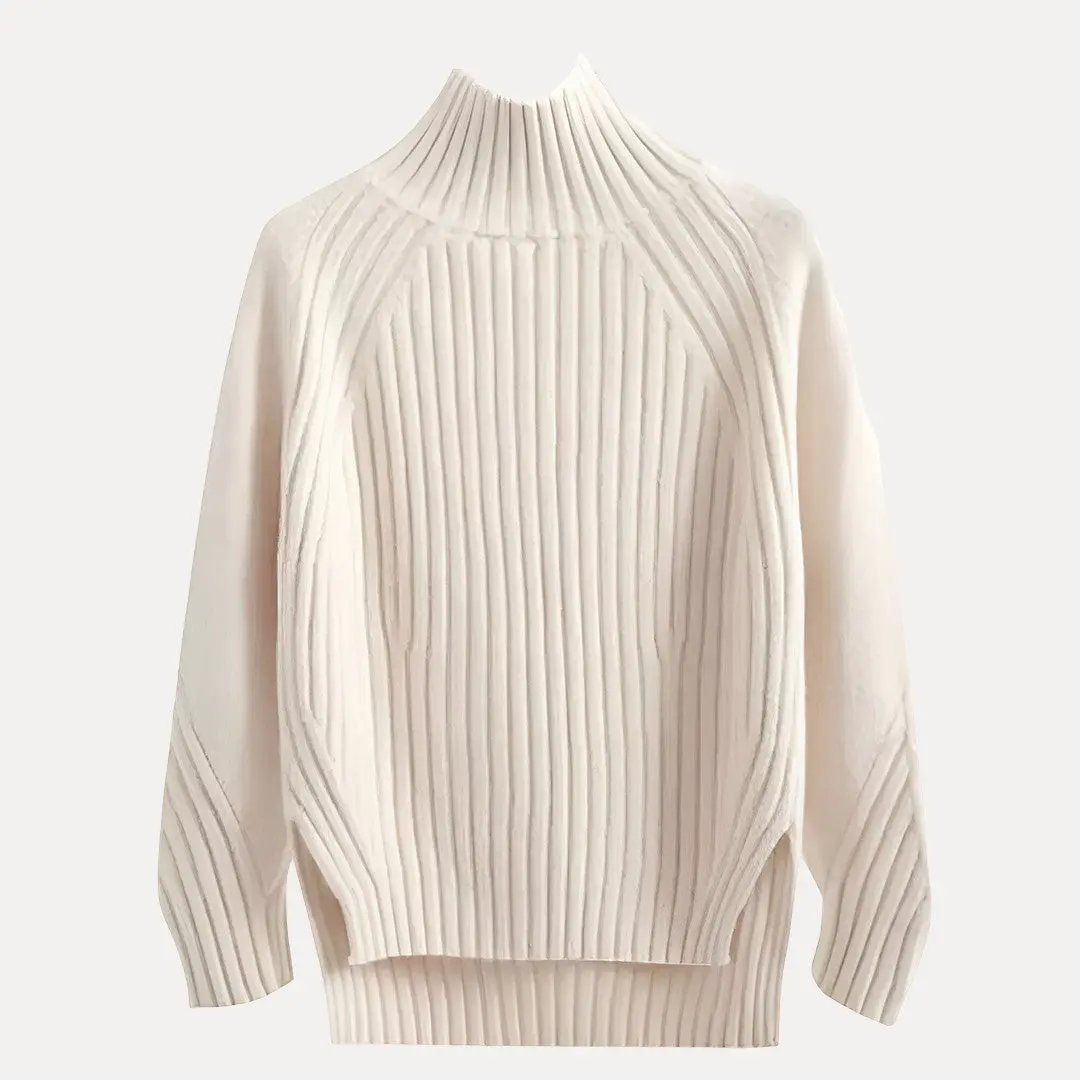 Women's cozy knit turtleneck sweater with side slit detail, casual everyday layering essential