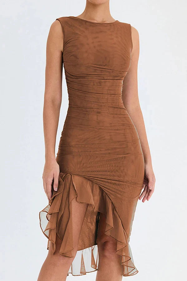 Black mesh midi party dress with short sleeves, gathered bodice, and ruffled hem for a flattering silhouette