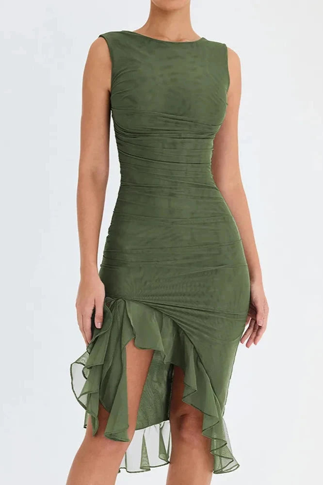 Black mesh midi dress with short sleeves, gathered bodice, ruffled hem, and flattering silhouette