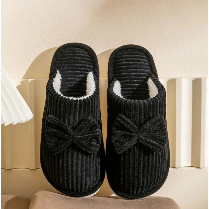 Women's pink plush bow slippers ultra-soft lining lightweight indoor lounge footwear feminine accent