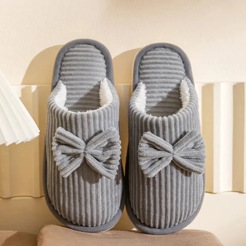 Women's pink plush bow slippers ultra-soft lining lightweight cozy indoor lounge footwear