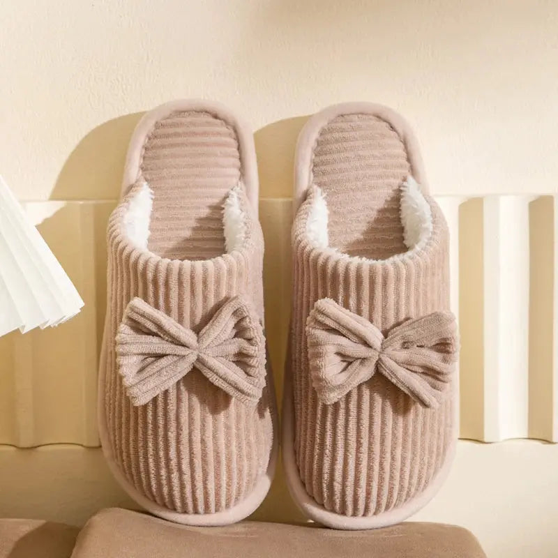Women's pink plush bow slippers ultra-soft lining lightweight indoor lounge footwear feminine accent