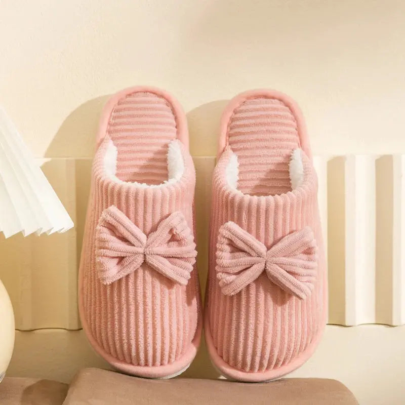 Women's plush bow slippers ultra-soft lining lightweight indoor lounge footwear feminine accent