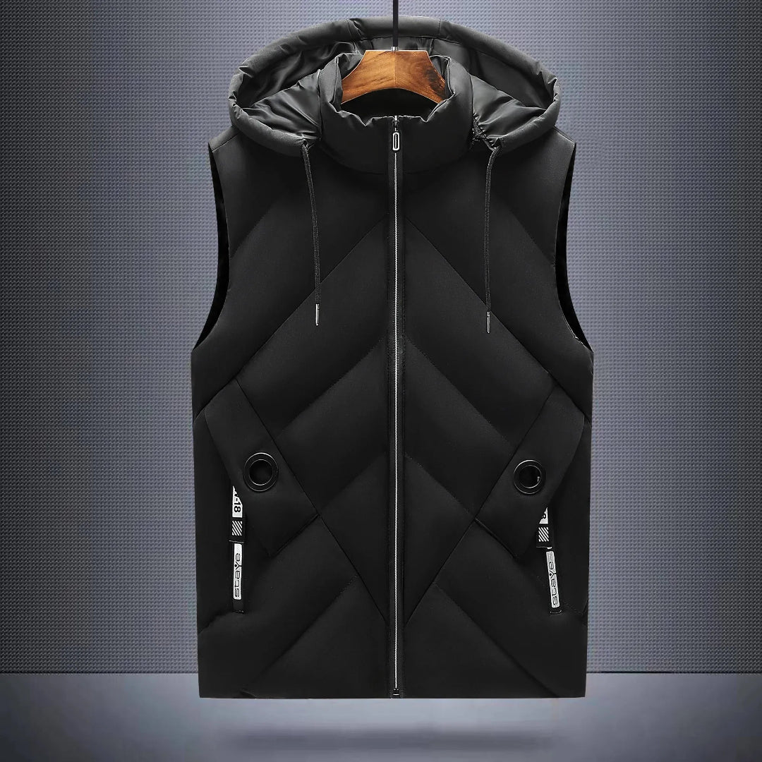Navy blue insulated hooded vest diagonal quilted pattern sleeveless cold-weather outdoor layer