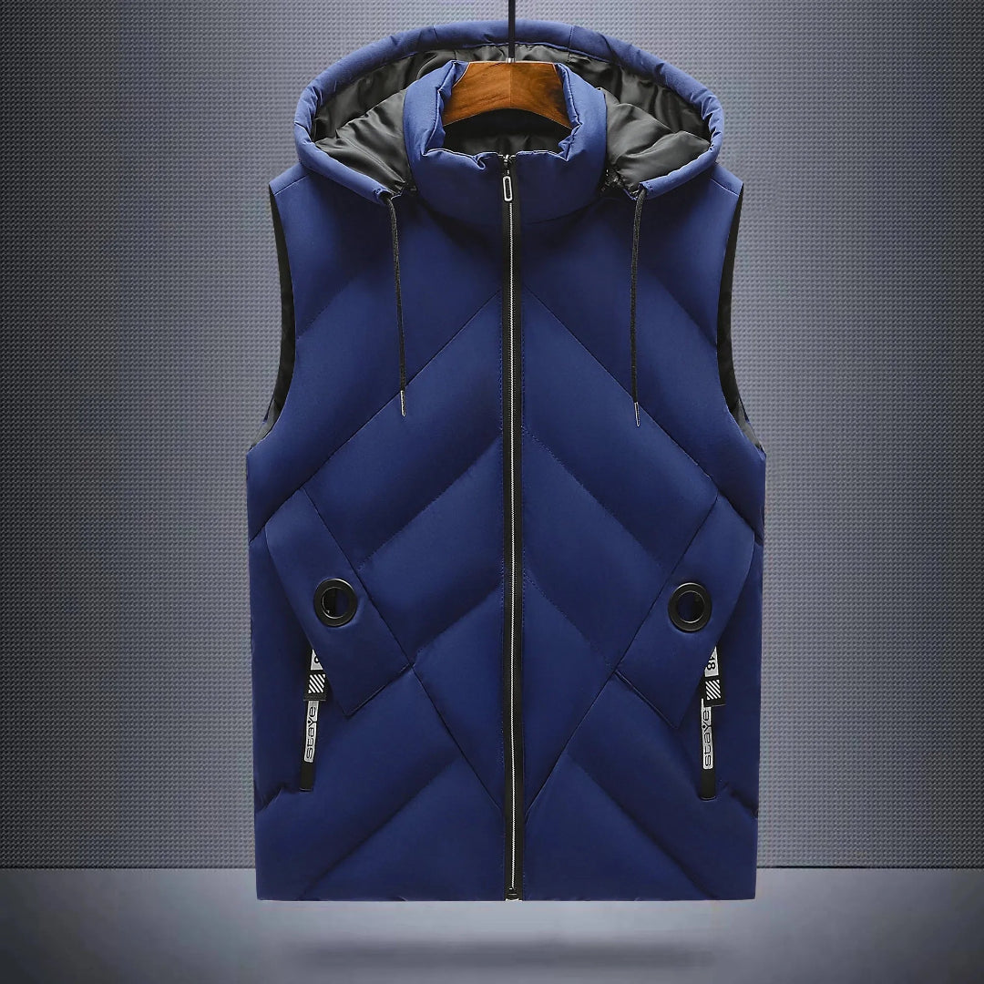 Navy blue insulated hooded vest diagonal quilted sleeveless outdoor cold-weather layer urban explorer style