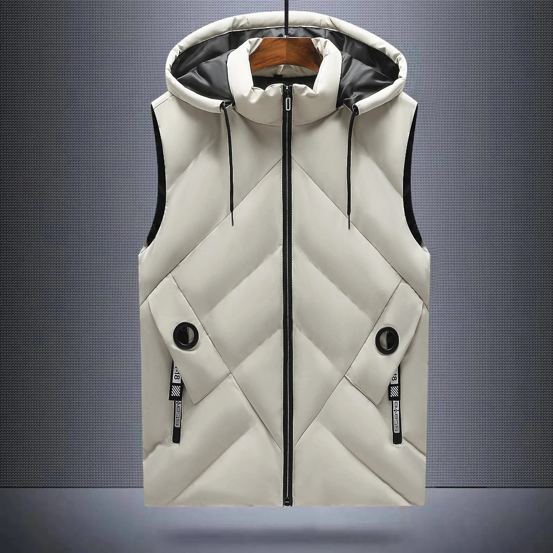 Navy blue insulated hooded vest diagonal quilting sleeveless cold-weather outdoor layer