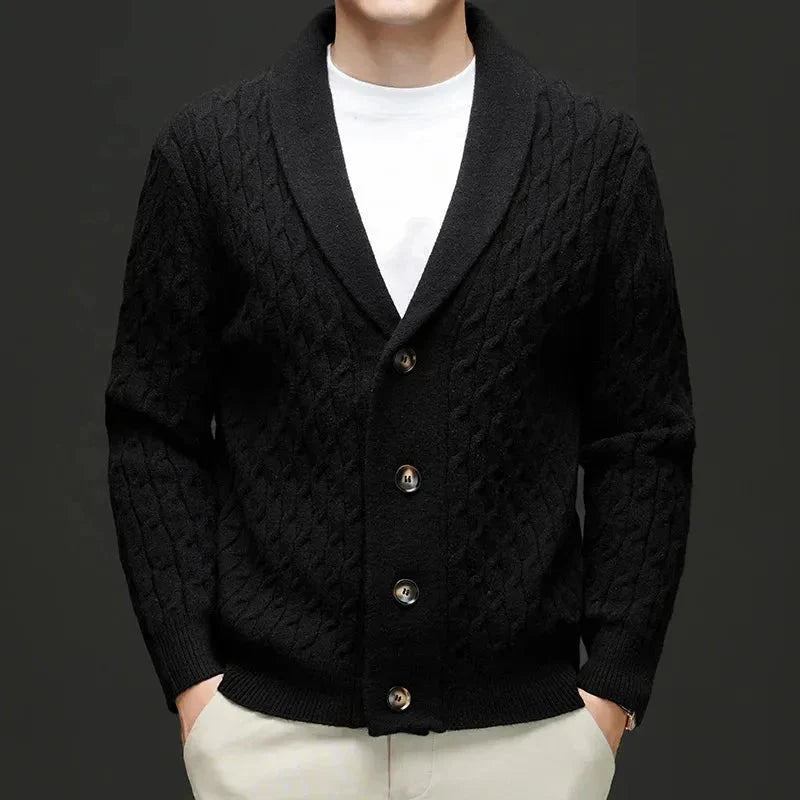Chase wool blend cardigan shawl collar structured silhouette warm cozy knit for modern professionals