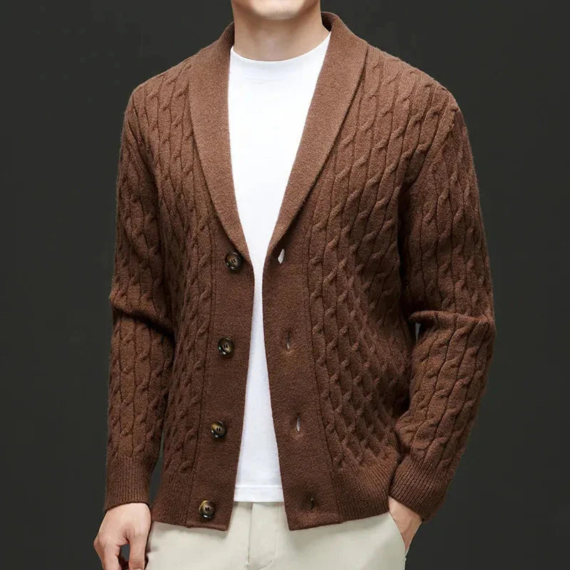 Chase wool blend cardigan shawl collar structured knit cozy modern professional layering piece