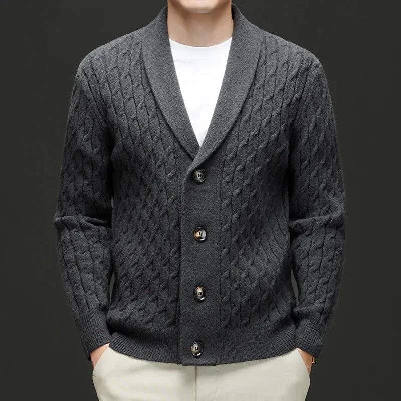 Chase wool blend cardigan with shawl collar, structured silhouette in neutral tone for modern professionals
