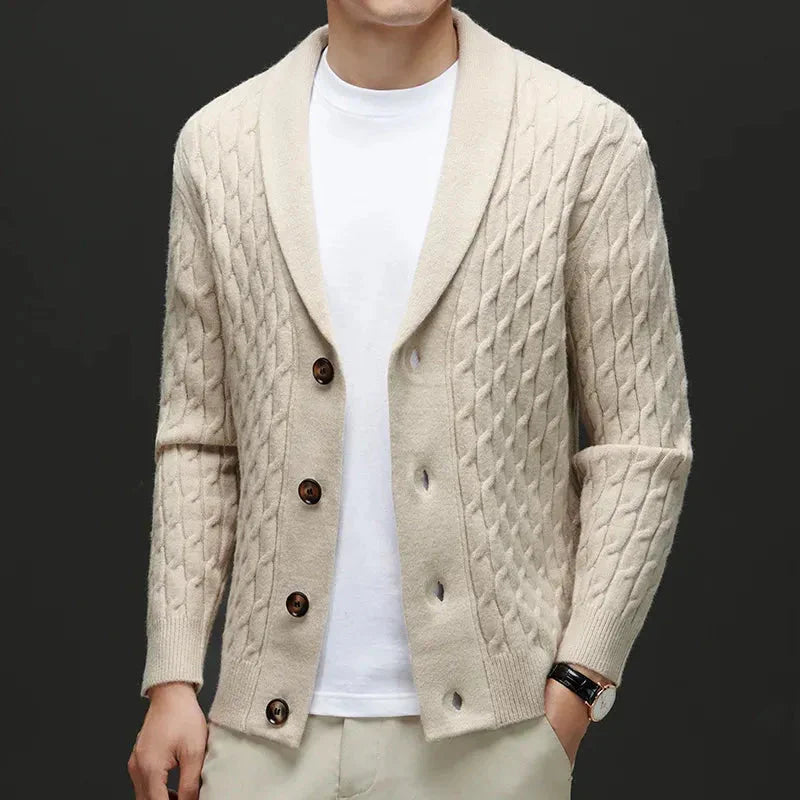 Chase wool blend cardigan shawl collar structured knit neutral smart-casual layering piece for professionals
