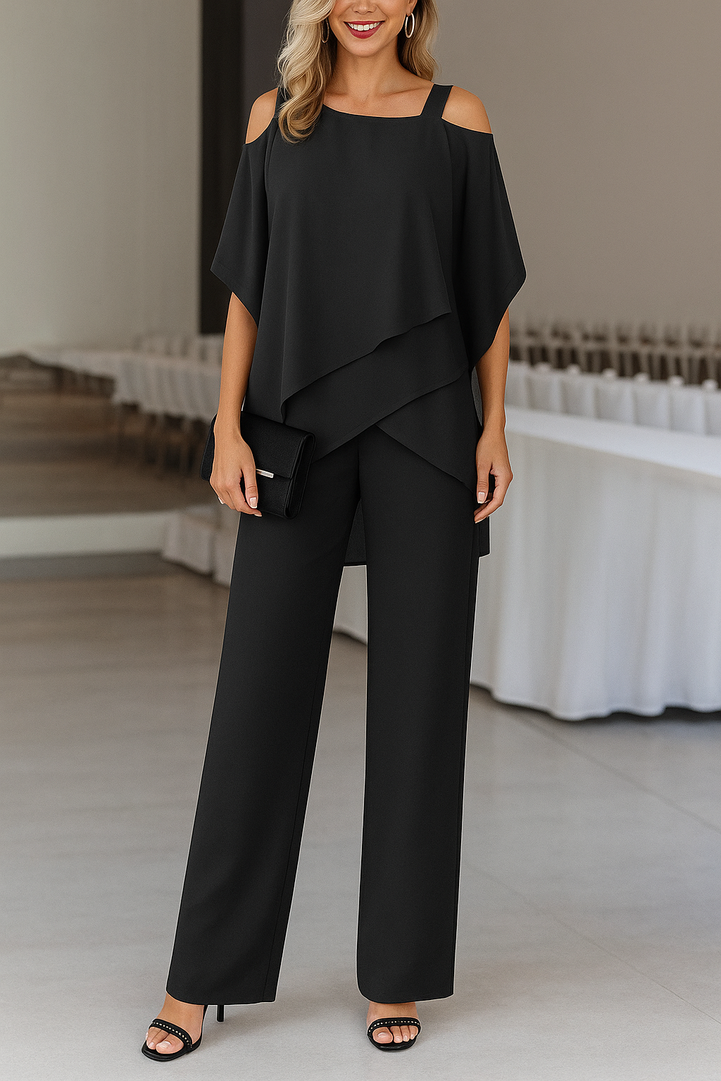 Women's wide-leg jumpsuit with tie belt, flowing silhouette, elegant one-piece for special occasions