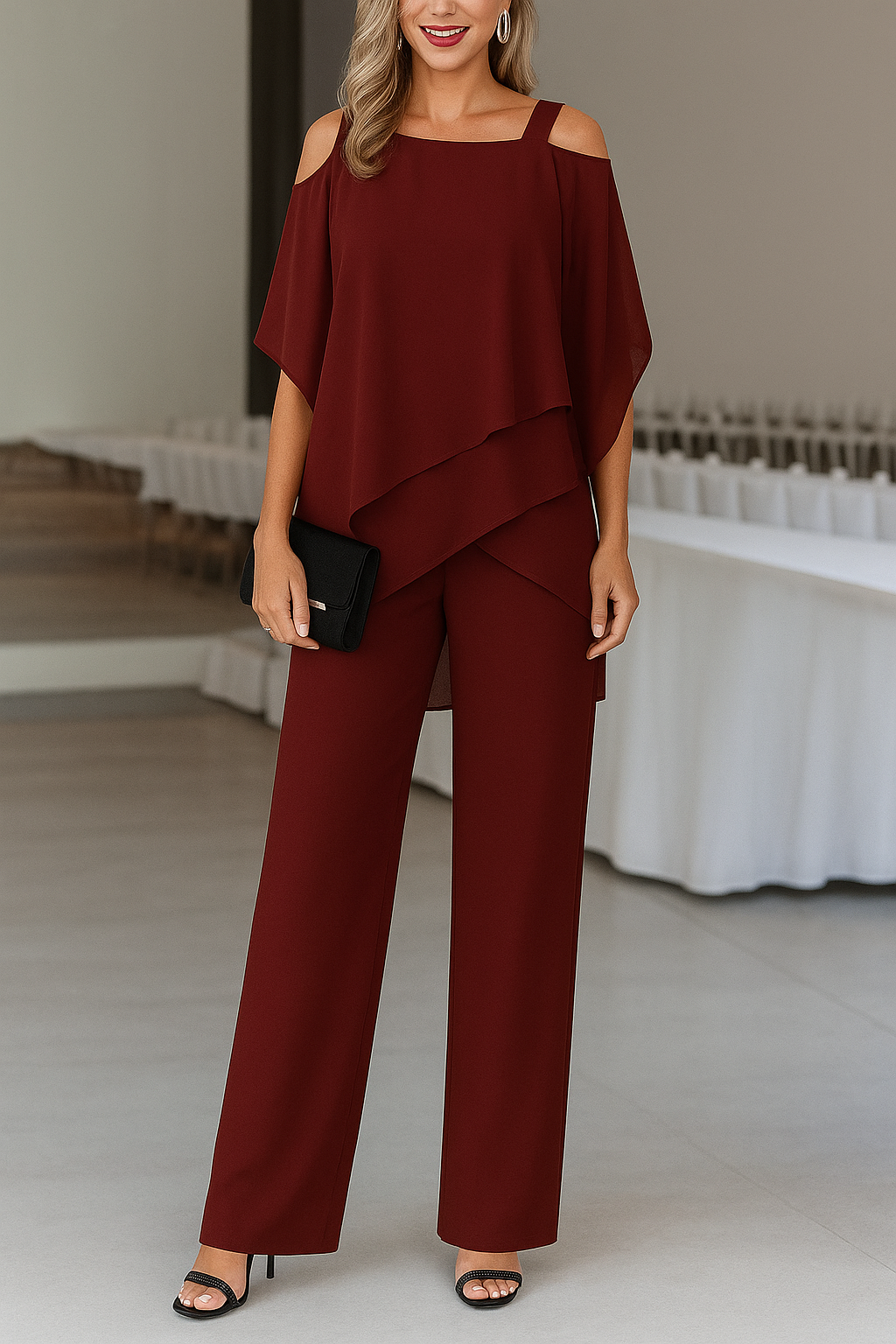 Women's wide-leg jumpsuit with tie belt, flowing silhouette, elegant one-piece for special occasions