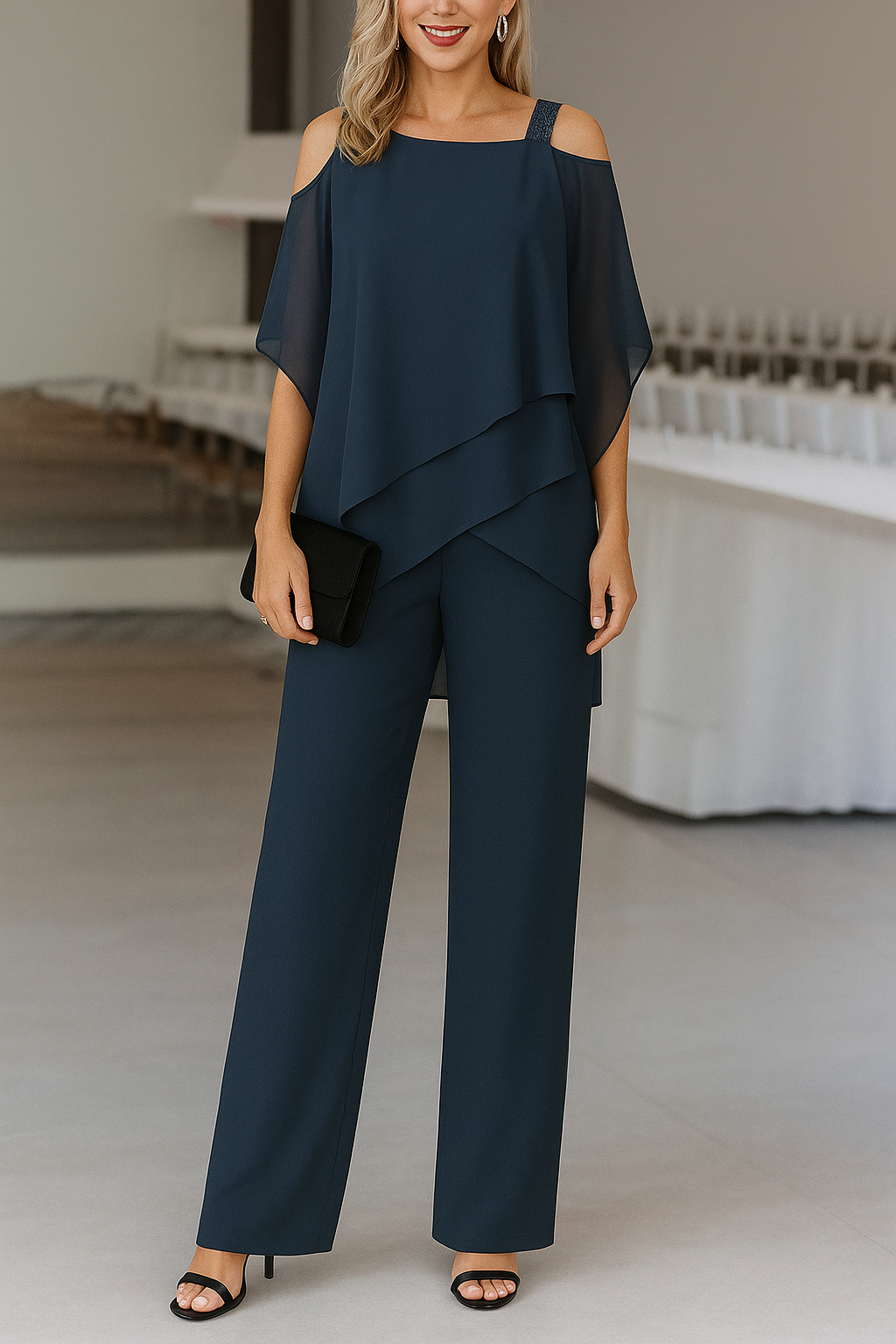 Women's wide-leg jumpsuit with tie belt, flowing silhouette, elegant one-piece for special occasions