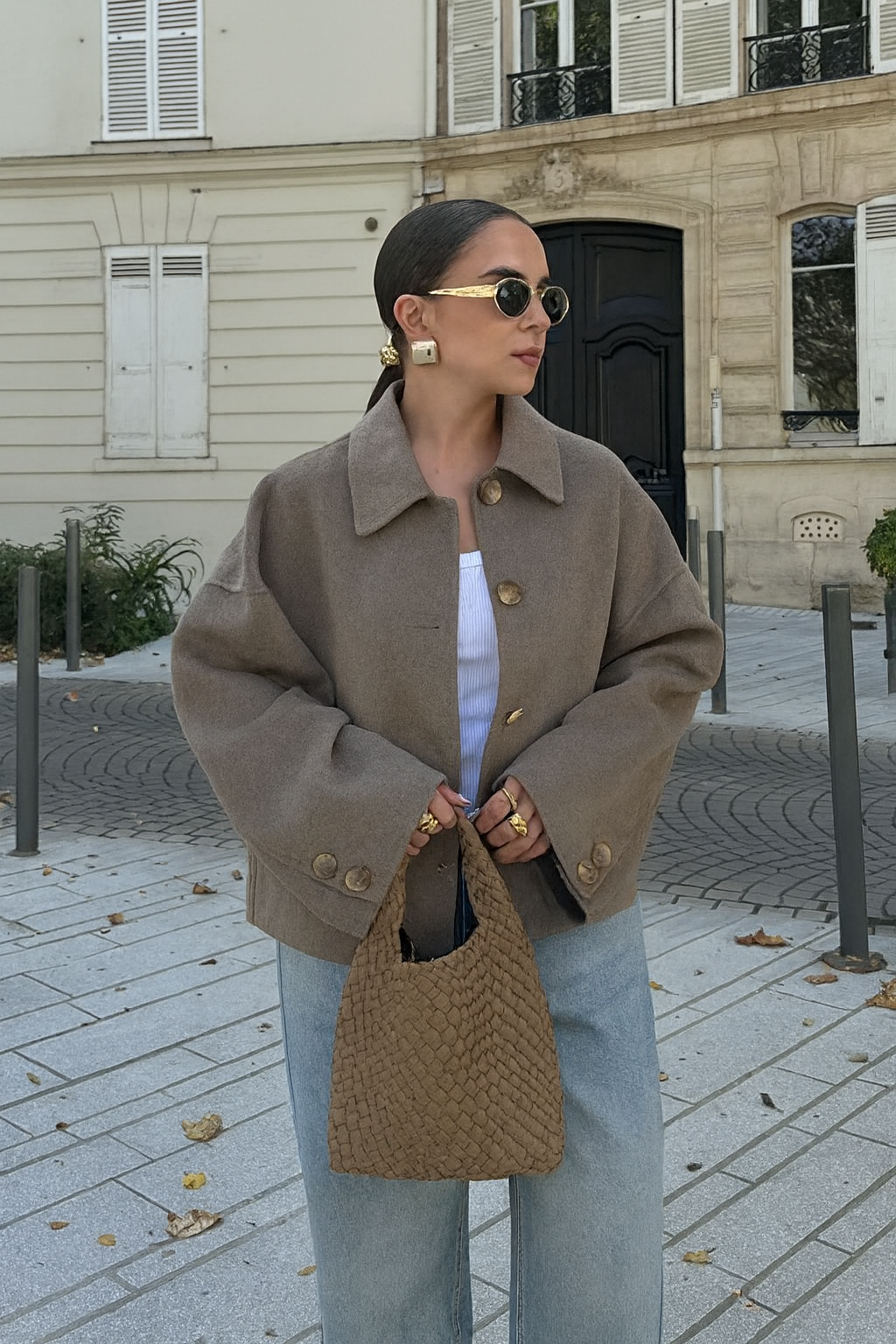 Women's boxy cropped wool blend coat with classic collar and statement buttons, polished outerwear