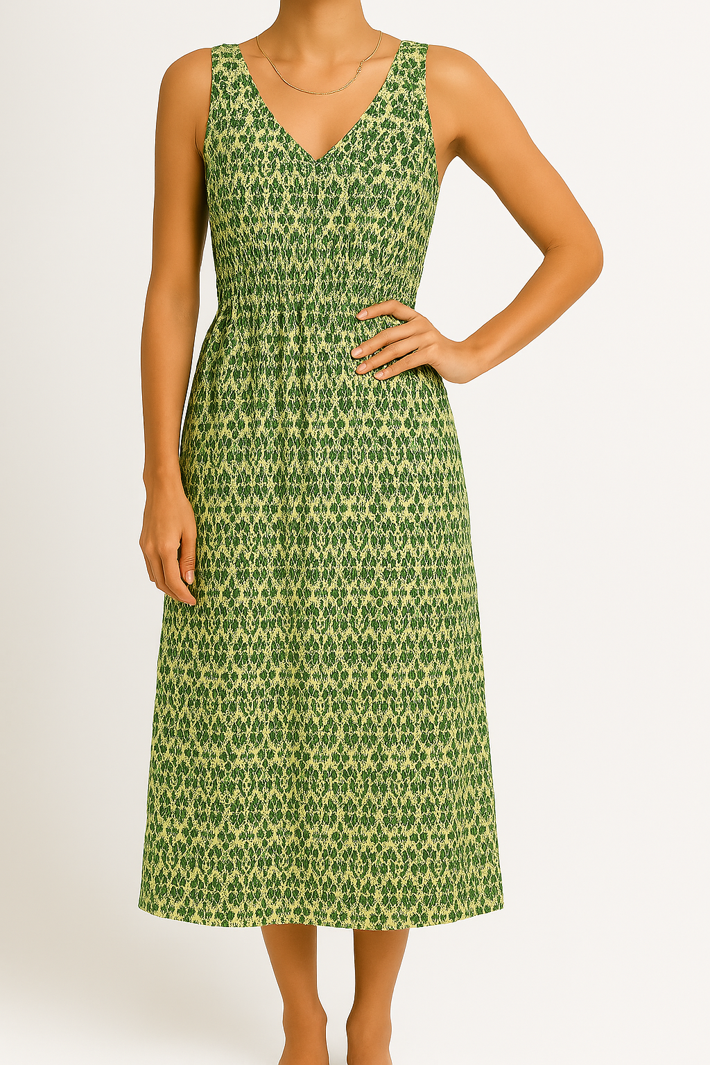 Bohemian midi dress sleeveless V-neck A-line silhouette with waist belt lightweight cotton-blend
