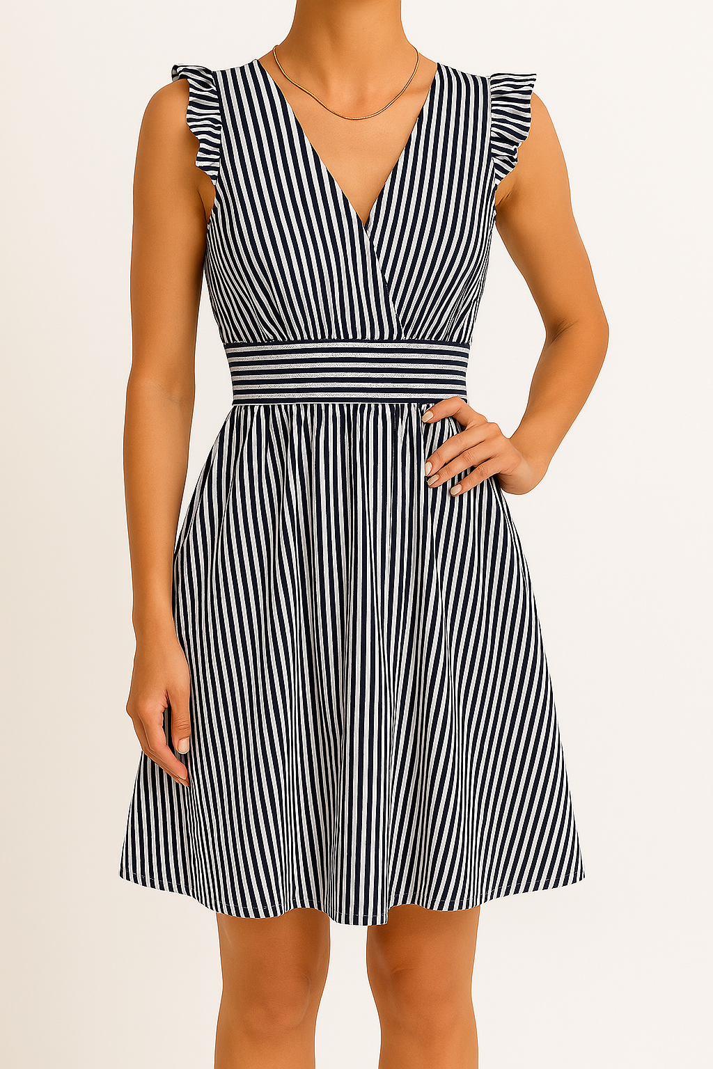 Women's lightweight striped A-line midi dress with V-neckline and ruffle sleeves for warm-weather style