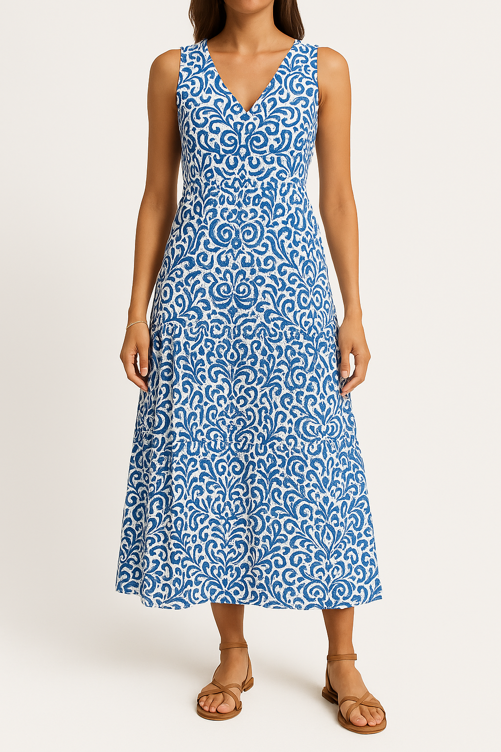 Women's sleeveless V-neck midi dress in abstract print, relaxed A-line silhouette for effortless warm-weather style