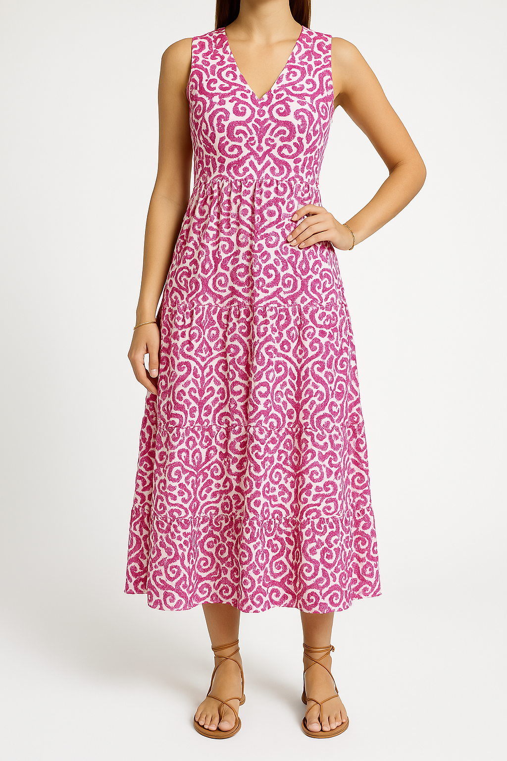 Women's sleeveless V-neck midi dress in abstract print, relaxed A-line silhouette for effortless warm-weather style