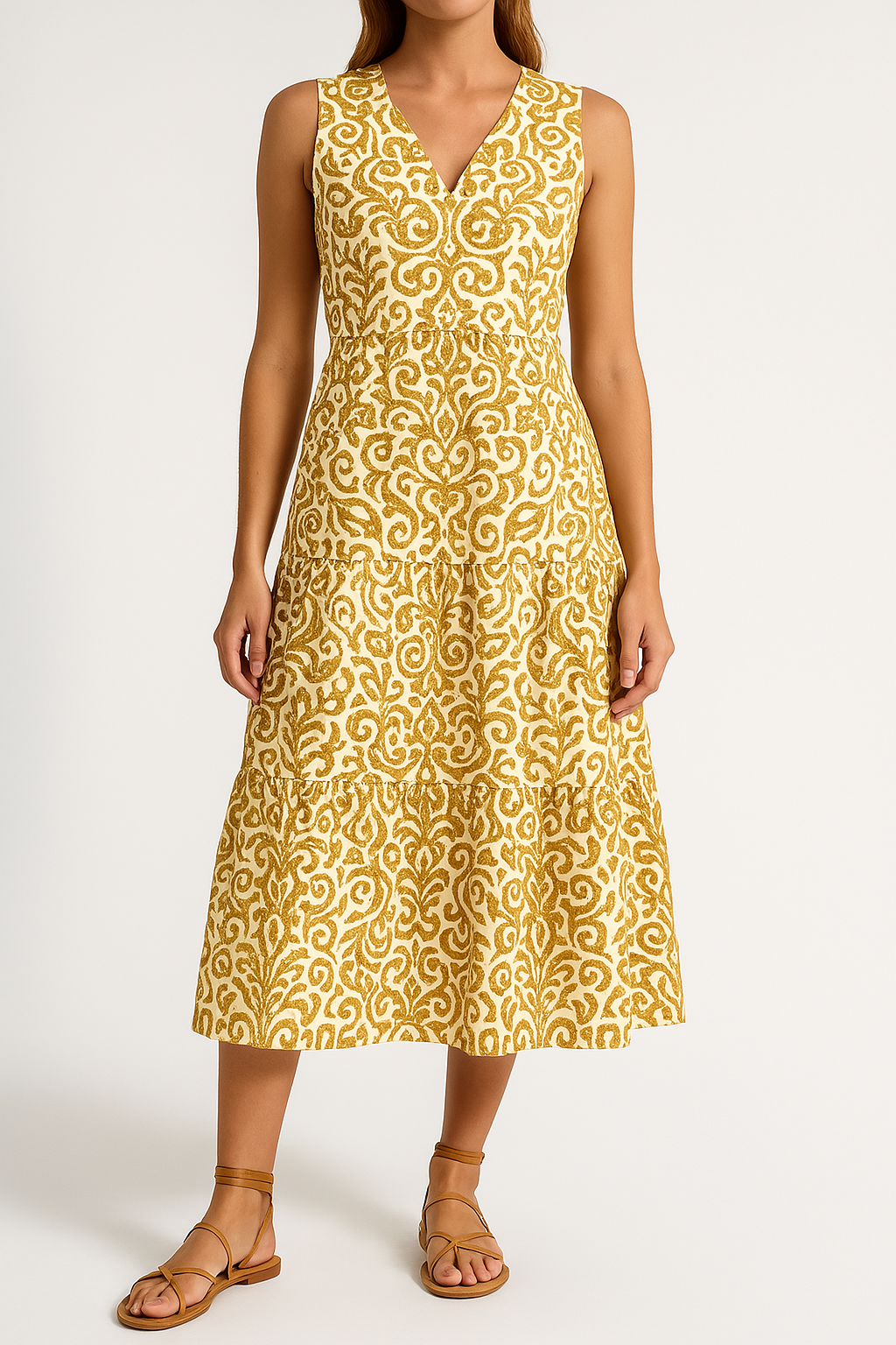 Women's sleeveless V-neck midi dress in abstract print, relaxed A-line silhouette for effortless warm-weather style