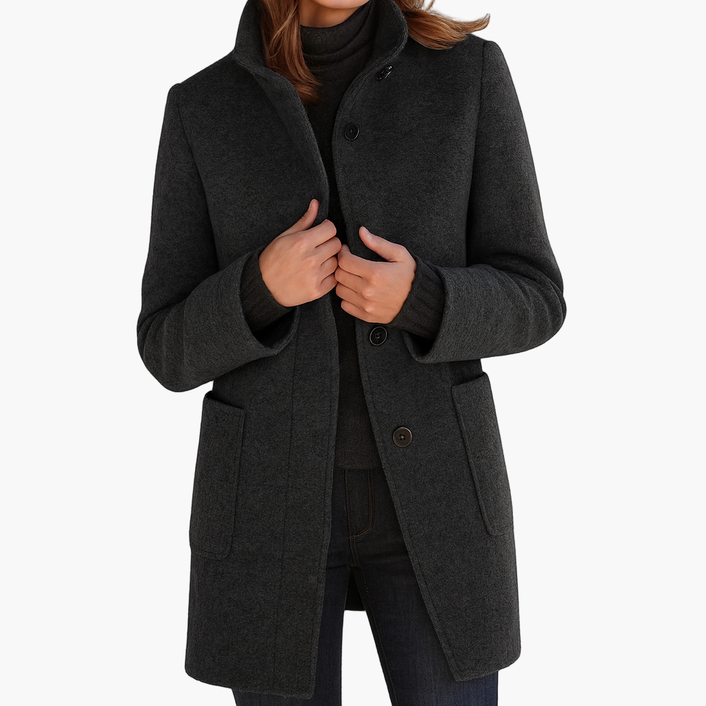 Women's straight-fit city coat with stand-up collar in classic autumn-winter style
