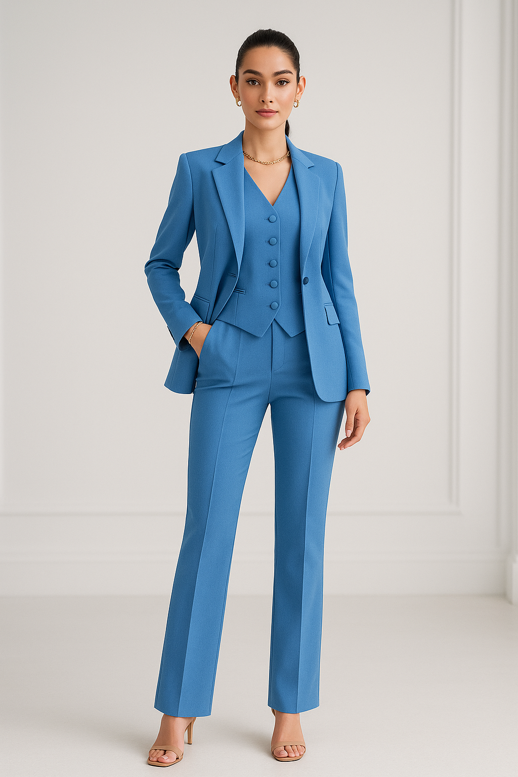 Women's emerald green tailored 3-piece suit set with blazer, waistcoat & straight-leg trousers