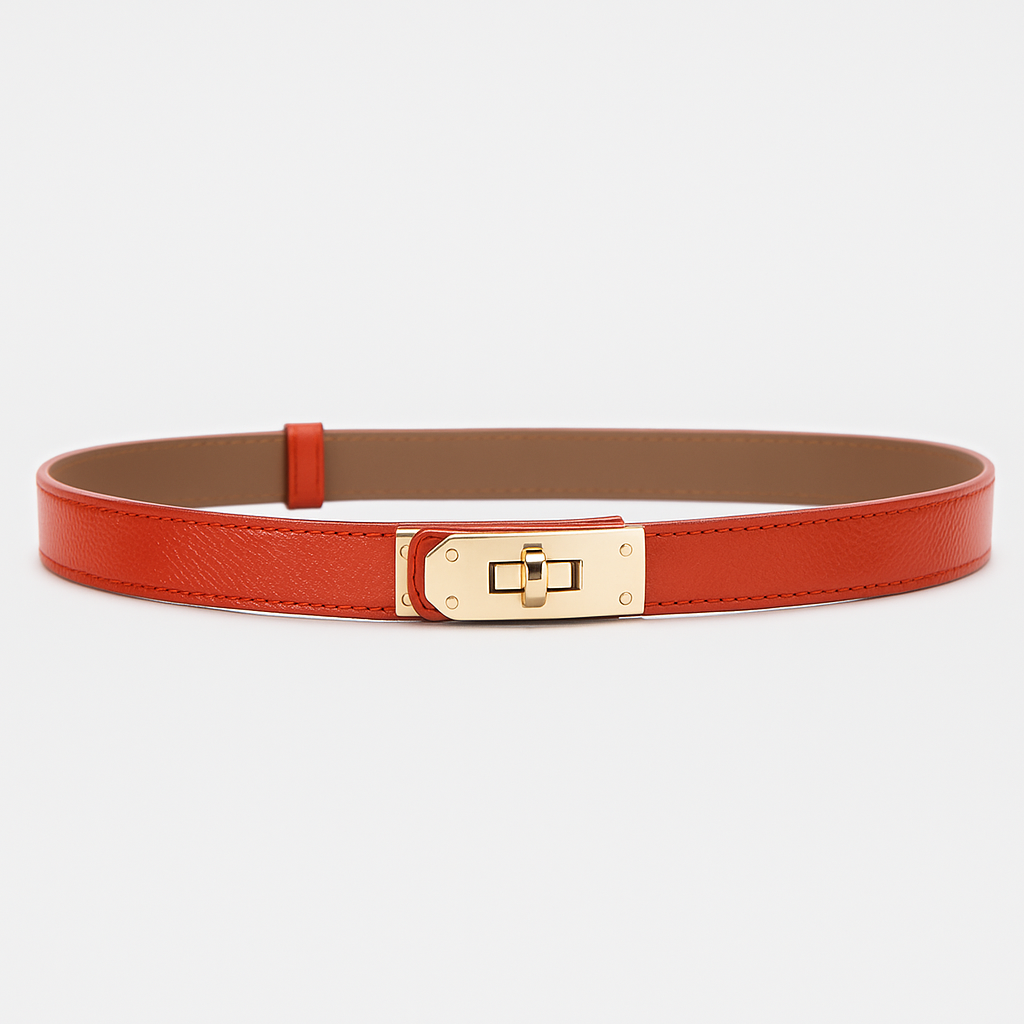 Gold waist belt for women with polished twist-lock clasp, cinches silhouette on dresses