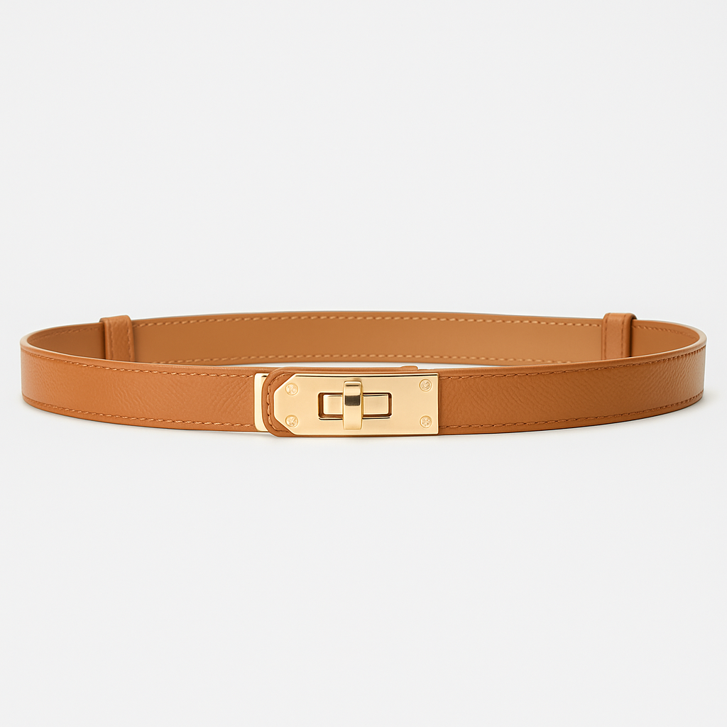 Gold waist belt for women with polished twist-lock clasp, structured silhouette-cinching design