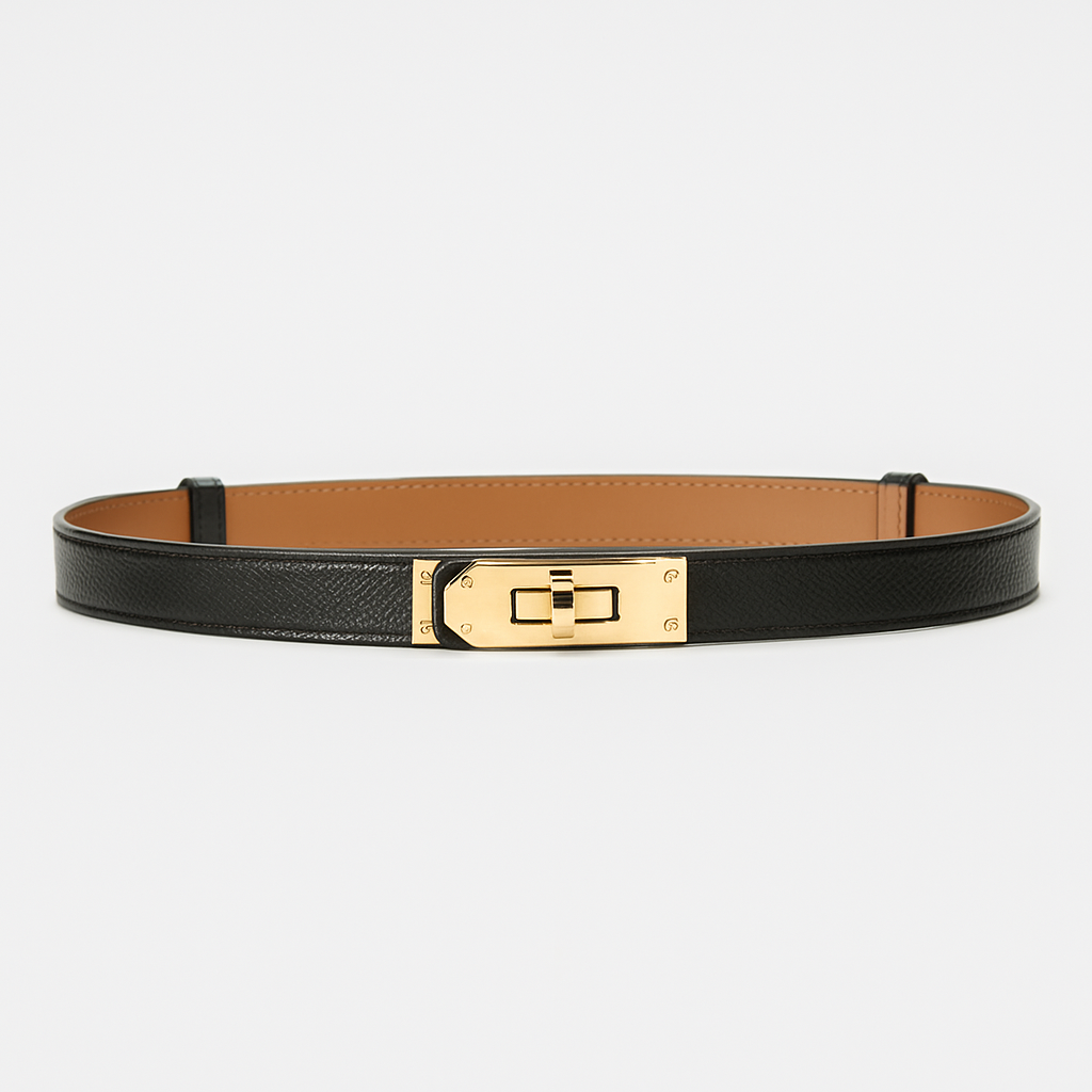 Gold waist belt for women with polished twist-lock clasp, cinches silhouette for dresses