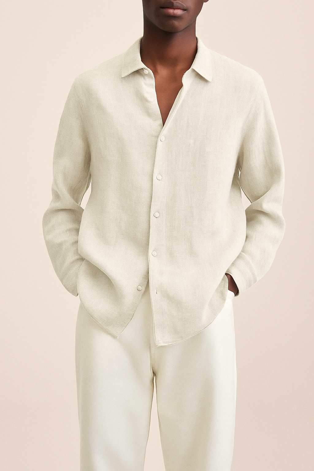 Men's natural linen shirt relaxed fit breathable everyday button-up with classic collar
