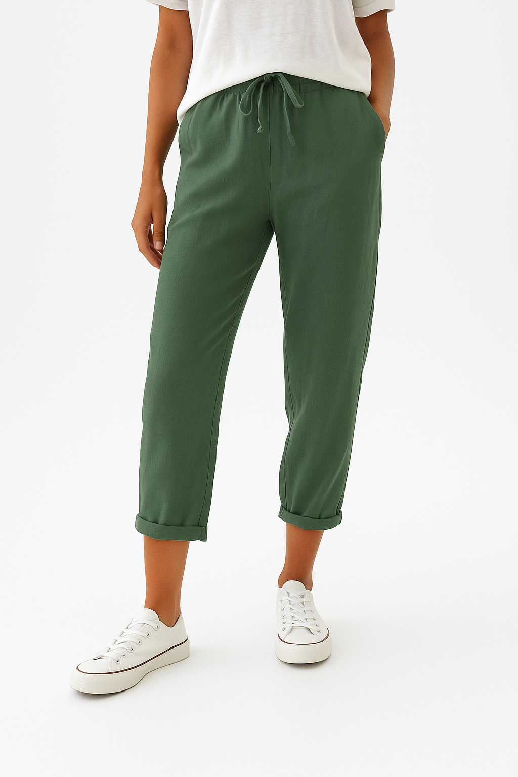 Women's beige linen straight-leg pants high-waisted elastic waist breathable lightweight summer trousers