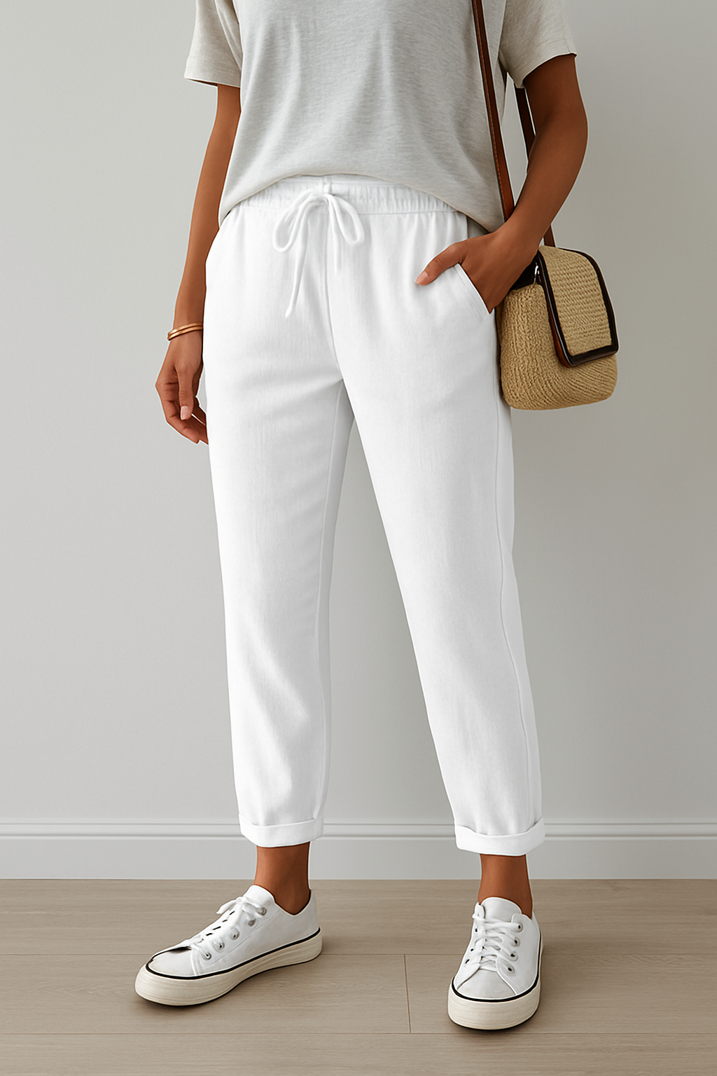 Women's beige linen straight-leg pants high-waisted elastic waist lightweight breathable summer trousers