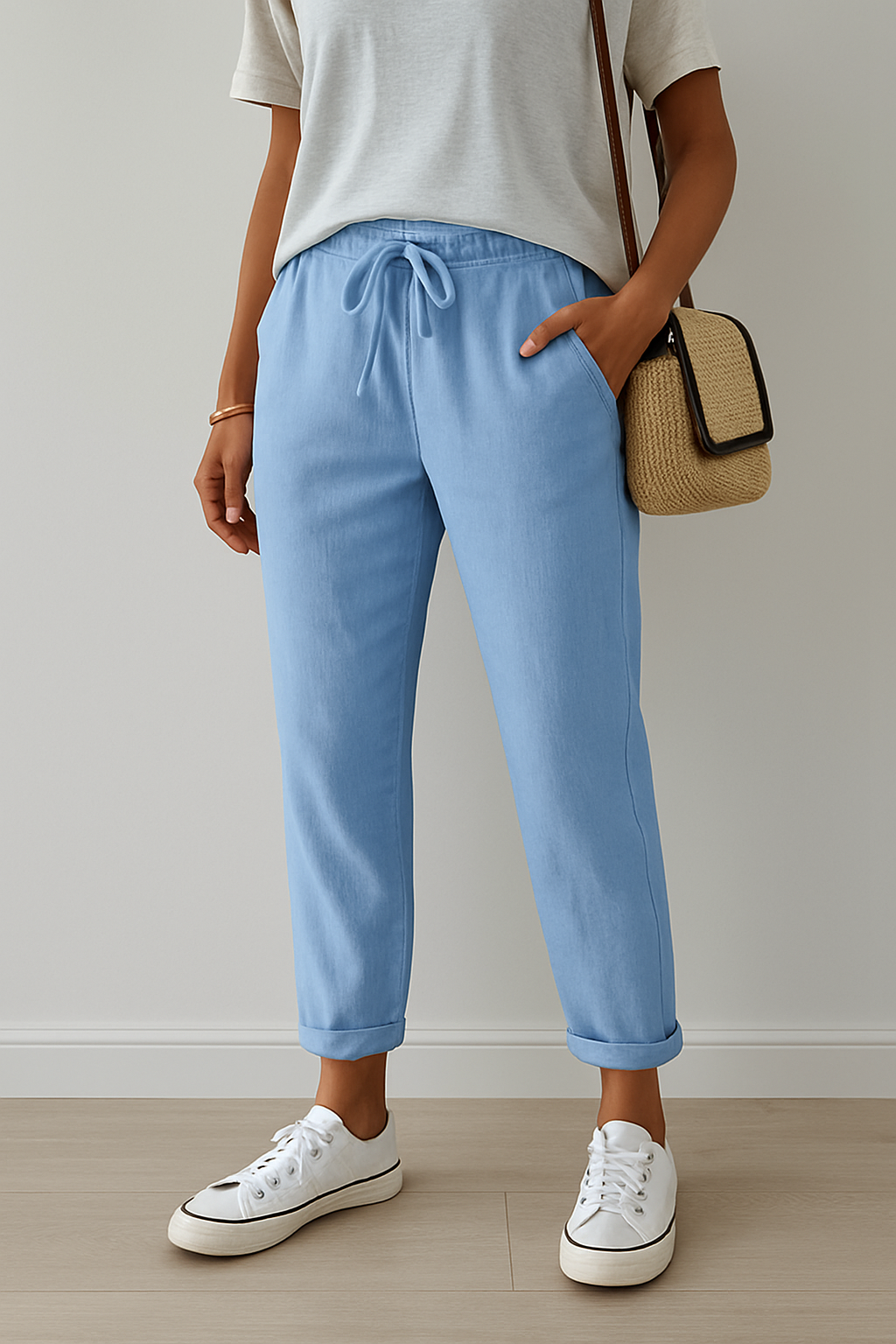 Women's beige linen straight-leg pants high-waisted elastic closure breathable lightweight summer trousers