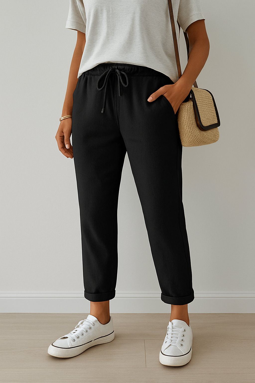 Women's white linen straight-leg pants high-waisted elastic waist breathable lightweight summer trousers