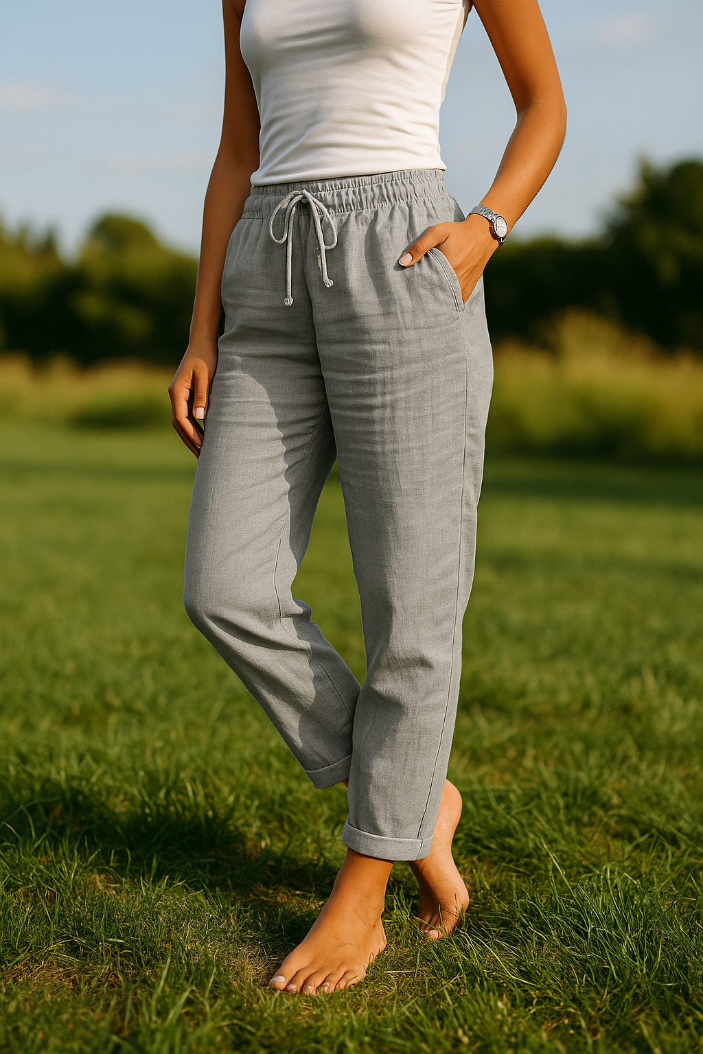 Monica women's beige cotton linen pants elastic waist relaxed fit breathable everyday trousers