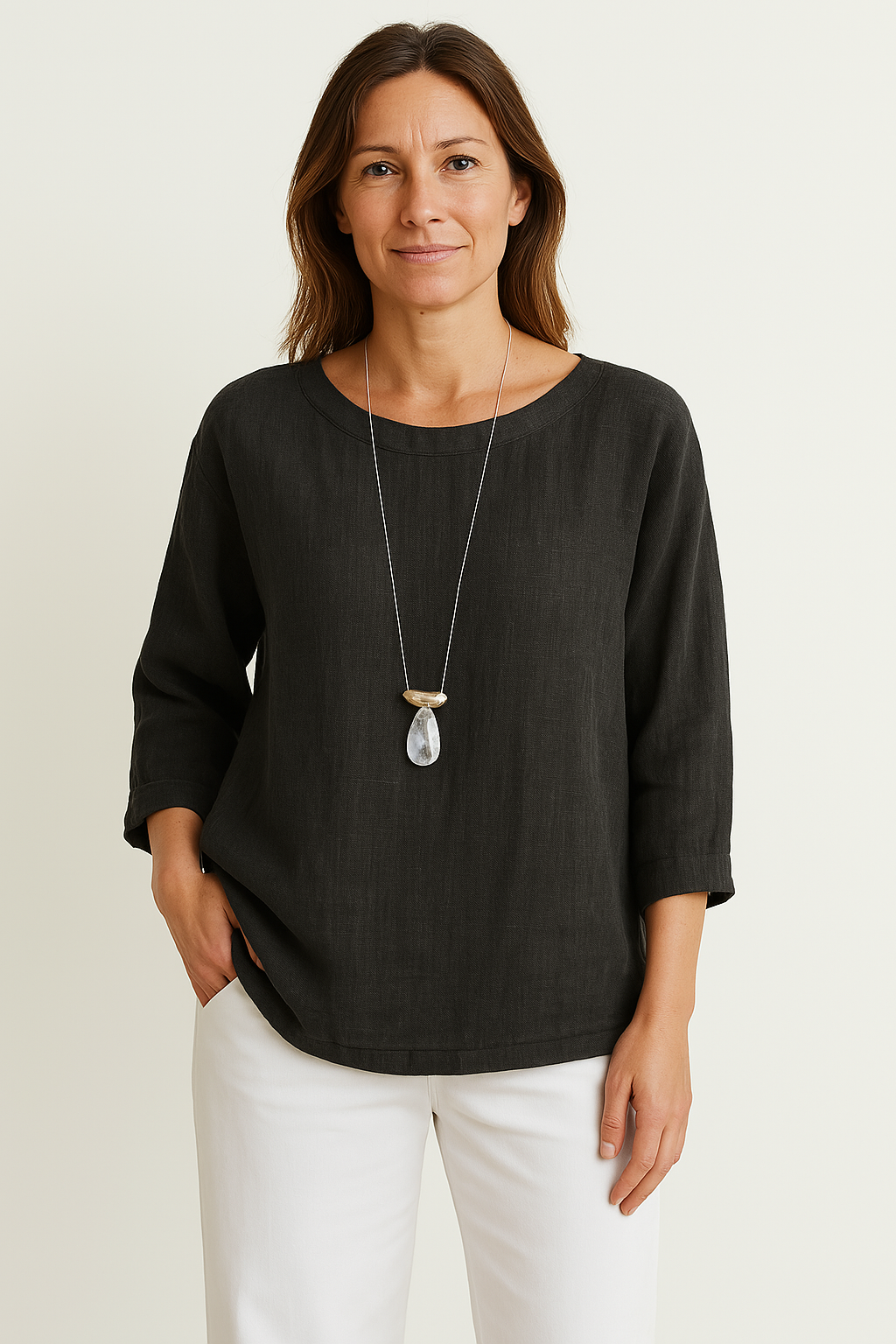 Women's loose fit cotton T-shirt three-quarter sleeves round neck casual everyday wear