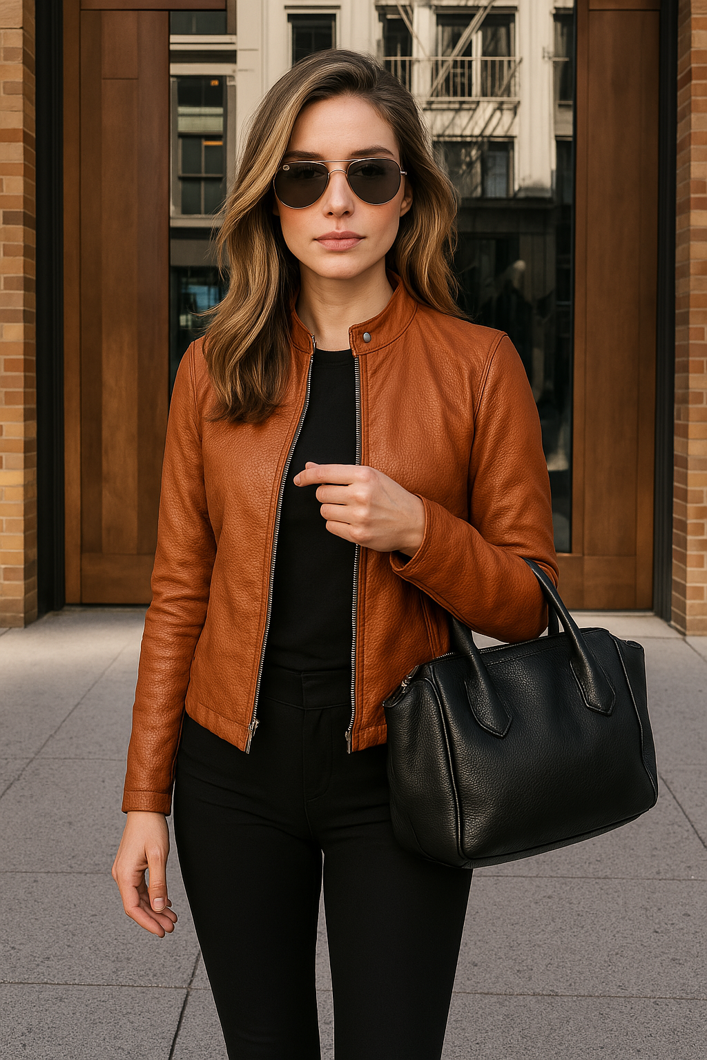 Women's cognac leather motorcycle jacket fitted silhouette stand-up collar urban elite style