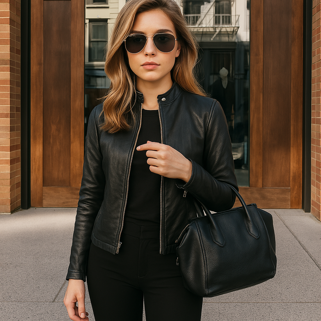 Women's cognac leather motorcycle jacket fitted silhouette stand-up collar urban biker style