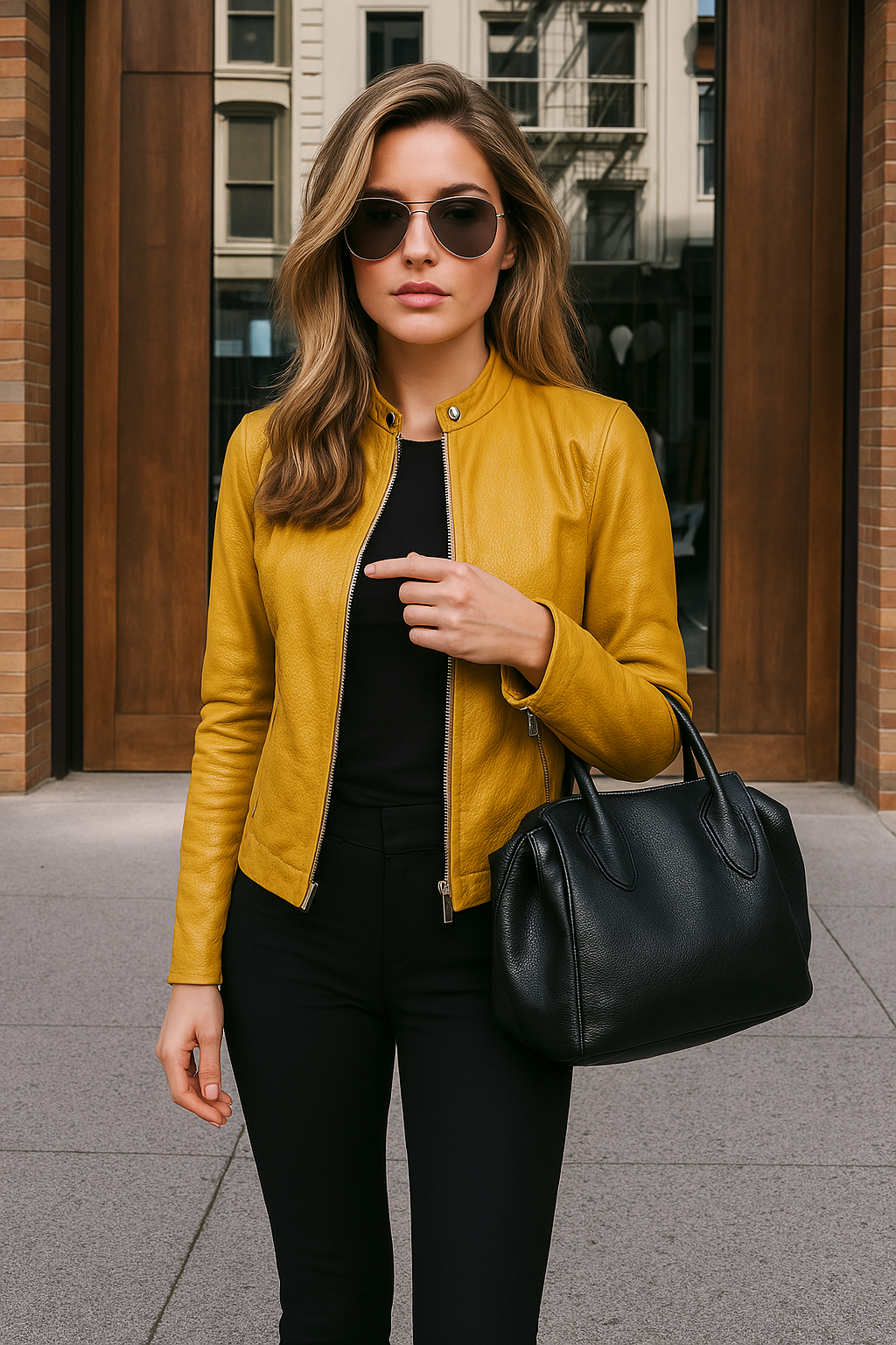 Women's cognac leather motorcycle jacket fitted silhouette stand-up collar urban elite style