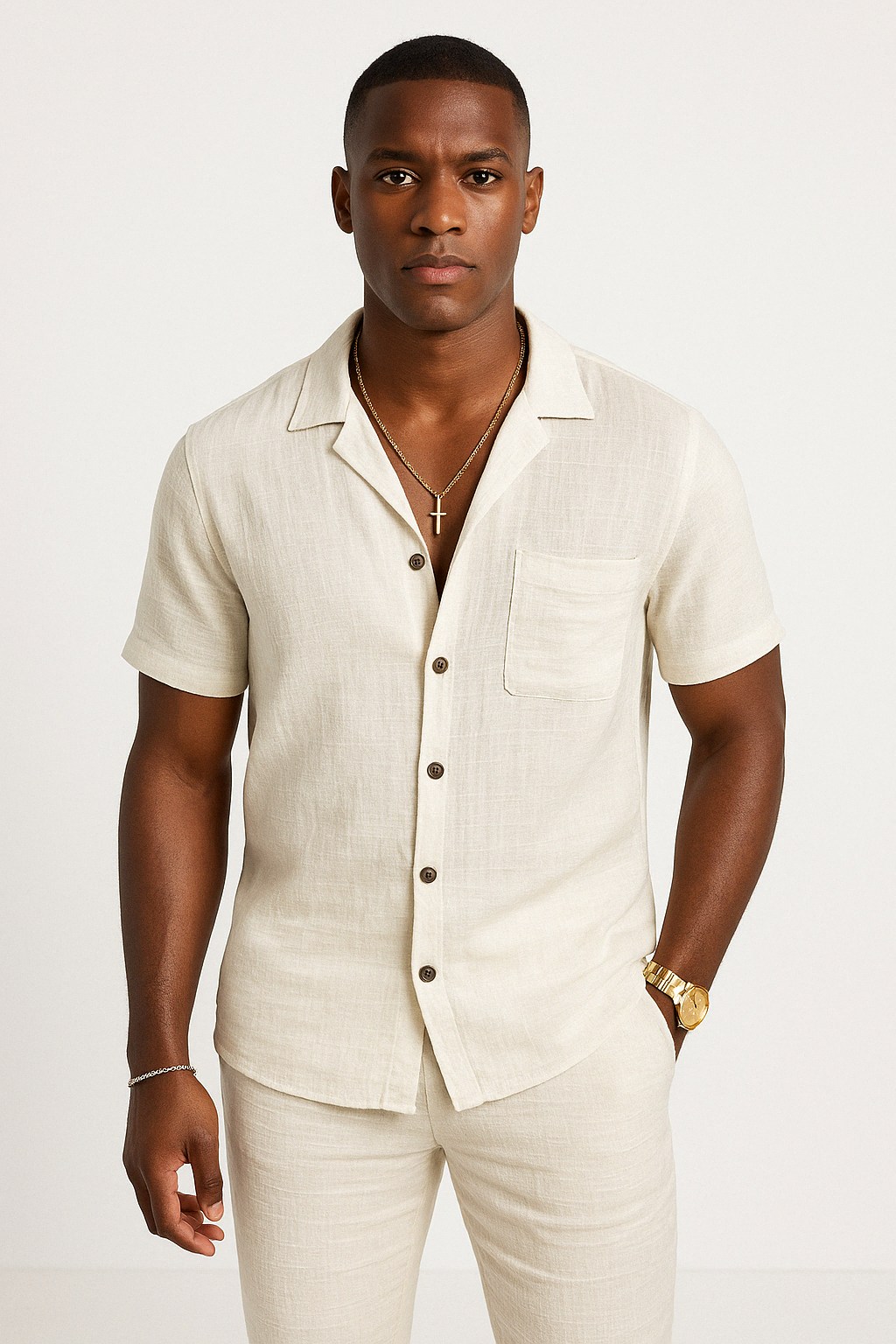 Men's breathable cotton linen blend short sleeve button-front shirt relaxed fit natural texture summer