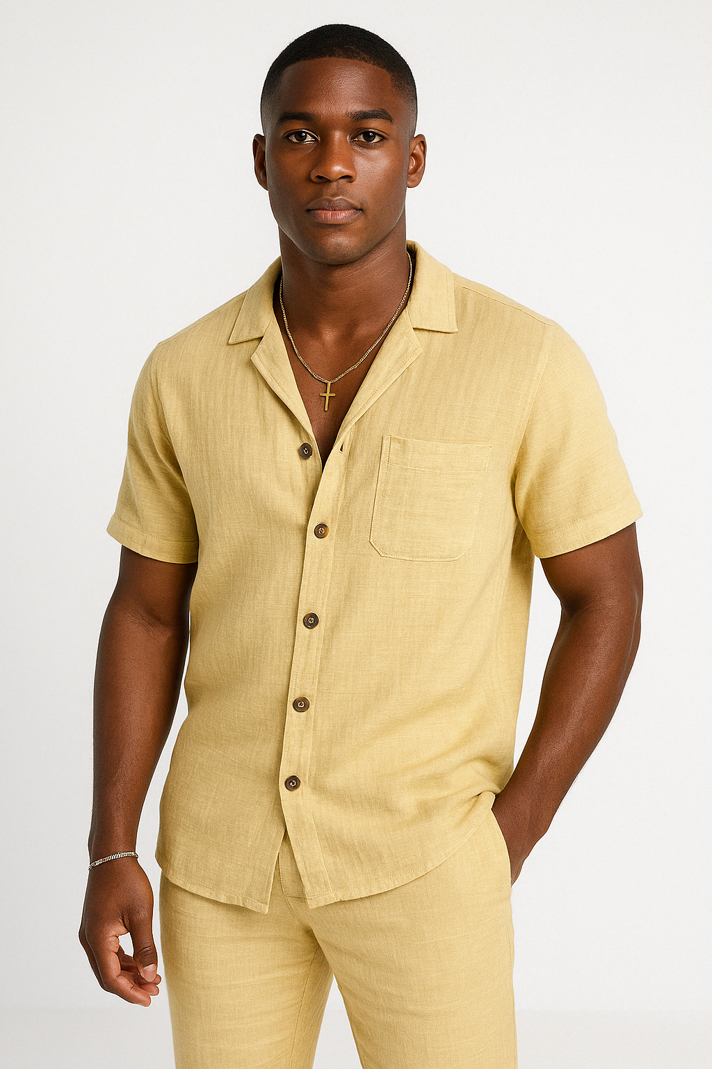 Men's white cotton linen blend short sleeve button front shirt relaxed fit breathable summer style