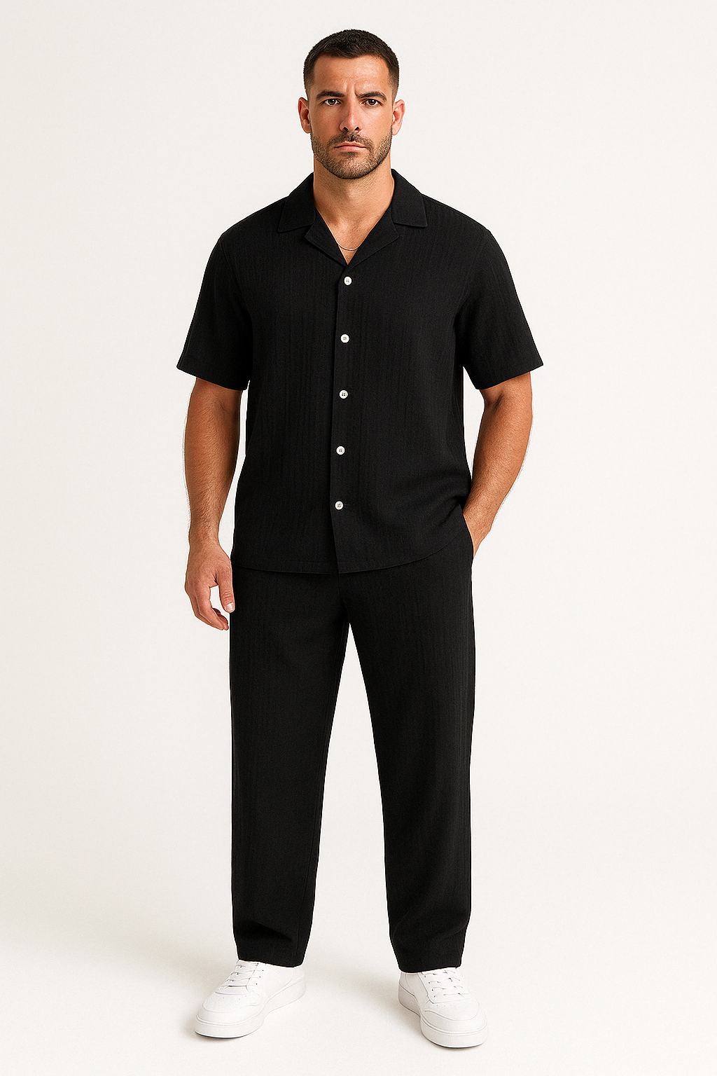 Men's linen blend shirt and trousers set relaxed fit breathable minimalist summer casualwear
