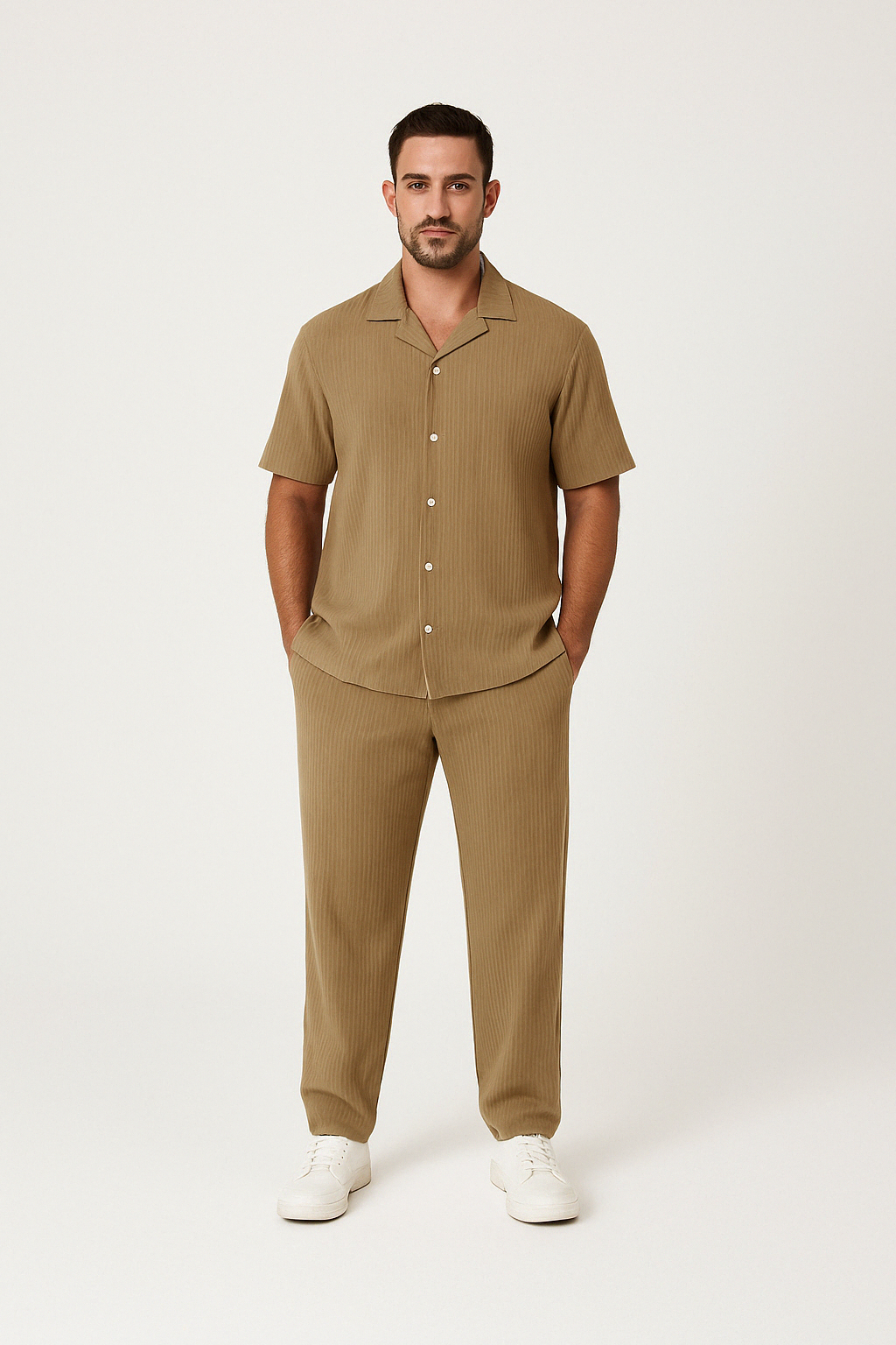 Men's linen blend shirt and trousers set relaxed fit breathable minimalist summer casualwear coordinated