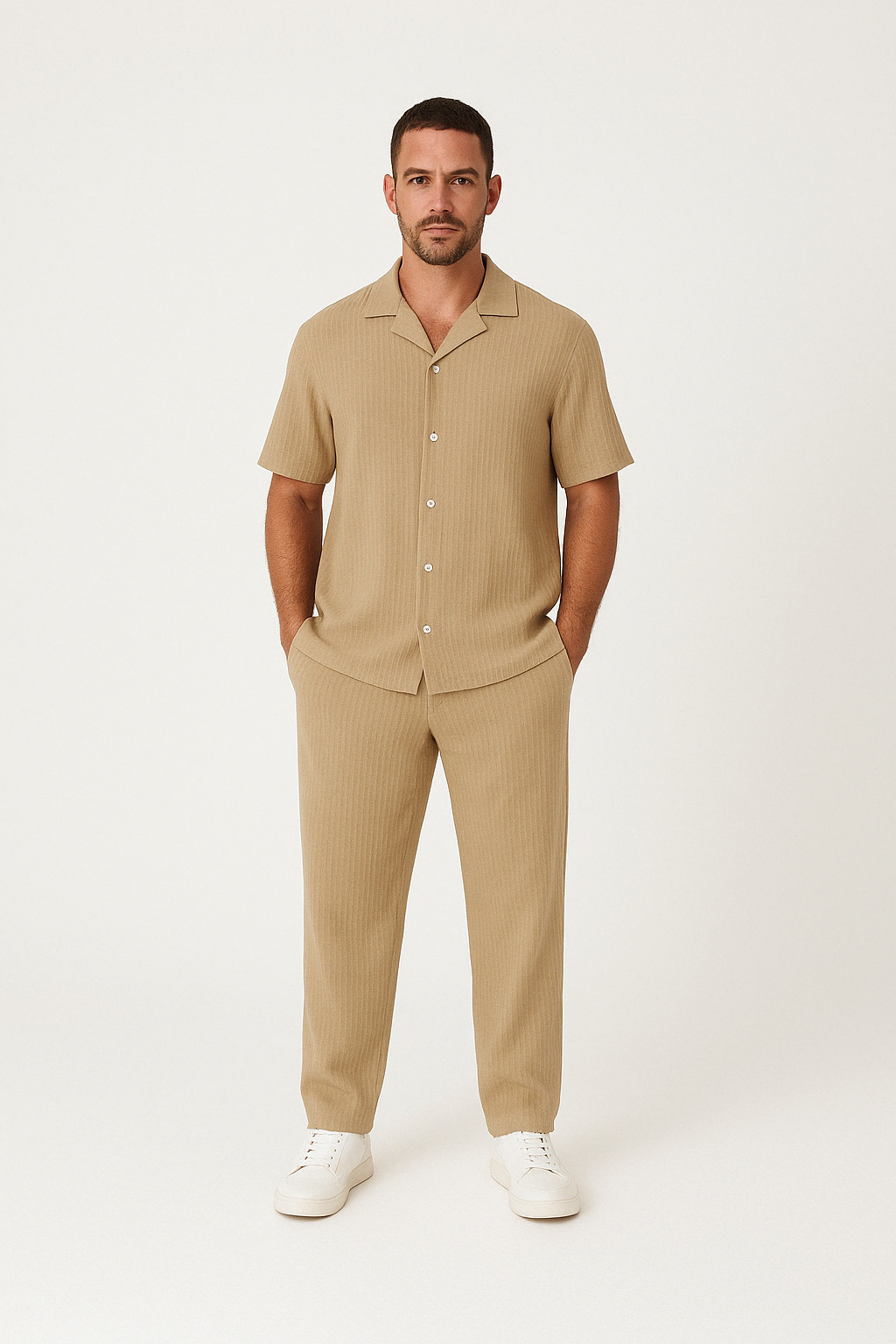 Men's beige linen blend short sleeve shirt and relaxed-fit trousers matching summer casual set