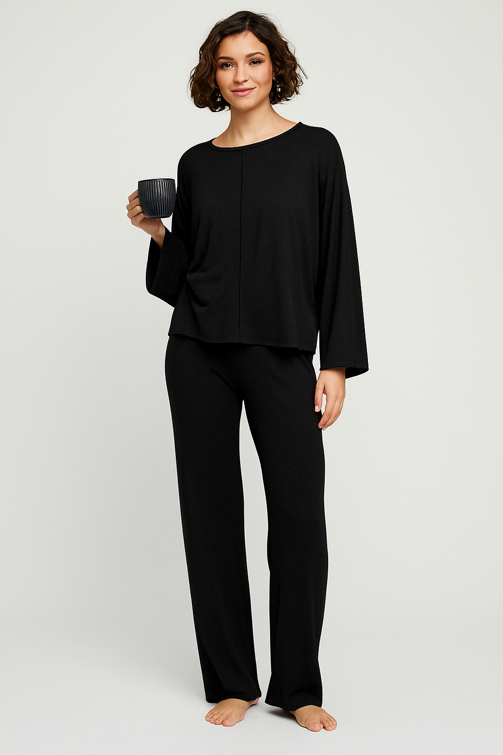 Women's cotton blend loungewear set relaxed fit long sleeve top full length pants cozy nordic style