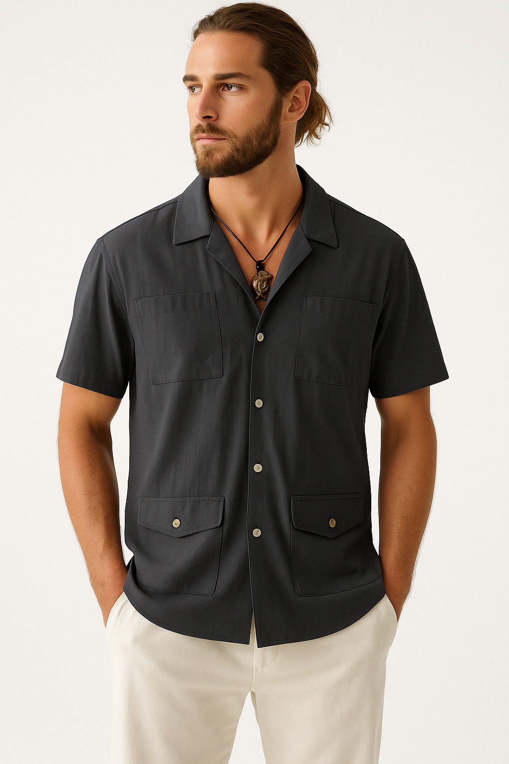 Men's short sleeve cotton linen shirt relaxed fit breathable four-pocket casual summer top