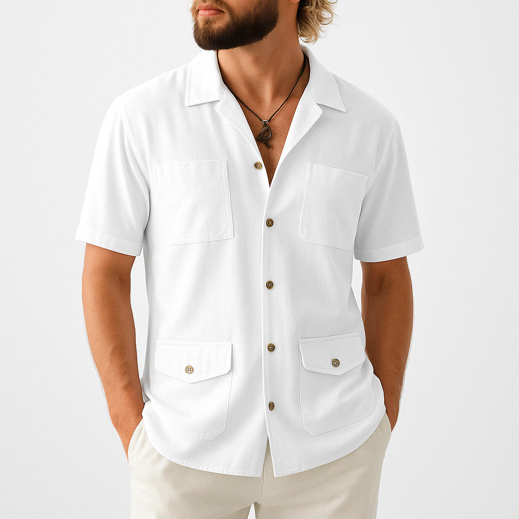 Men's short sleeve cotton linen shirt relaxed fit breathable four-pocket casual summer top